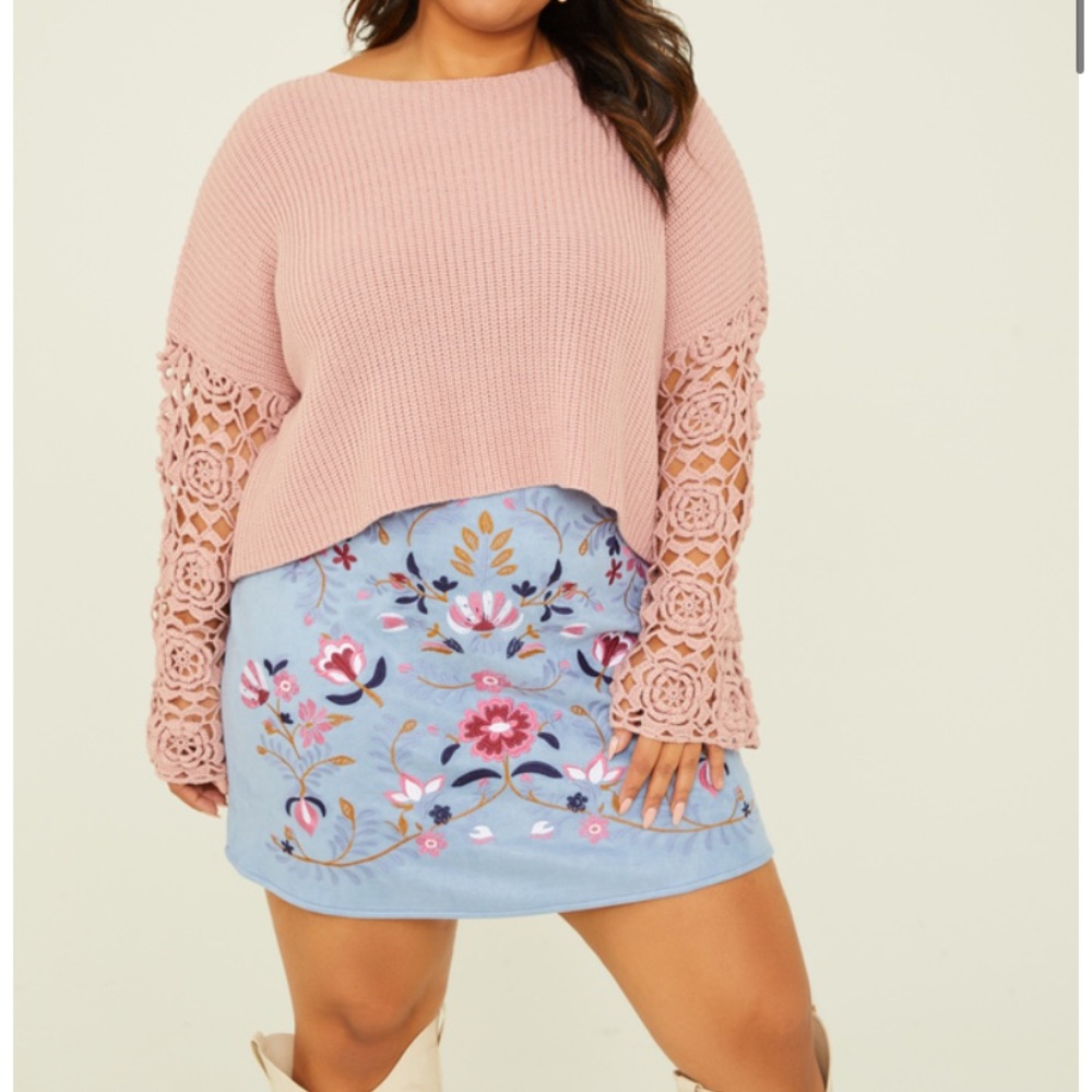 Arula Pink Sweater and Blue Embroidered Skirt Set